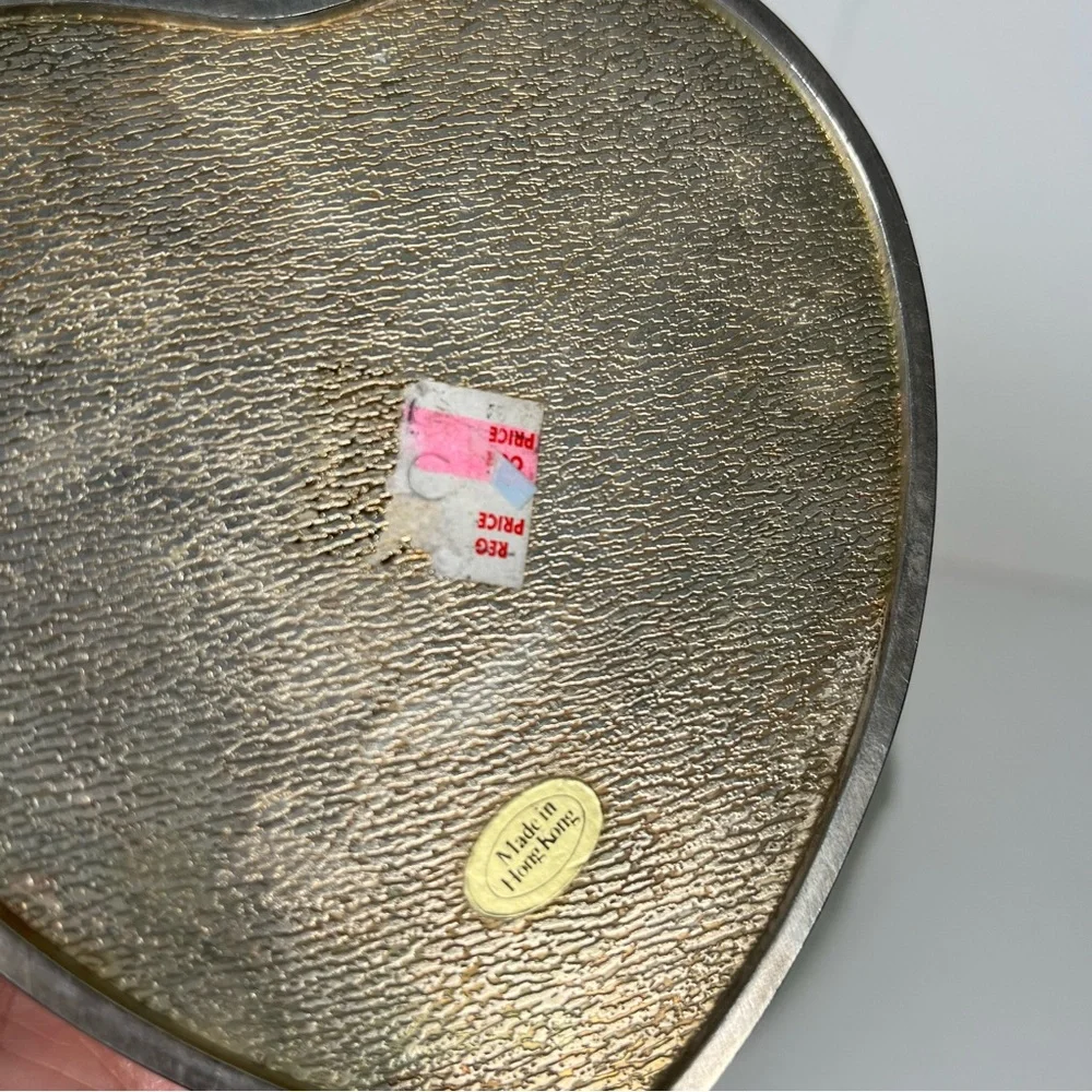 Vintage Silver/Gold Velvet Lined Heart-Shaped Trinket Box Jewelry Box Bow Detail